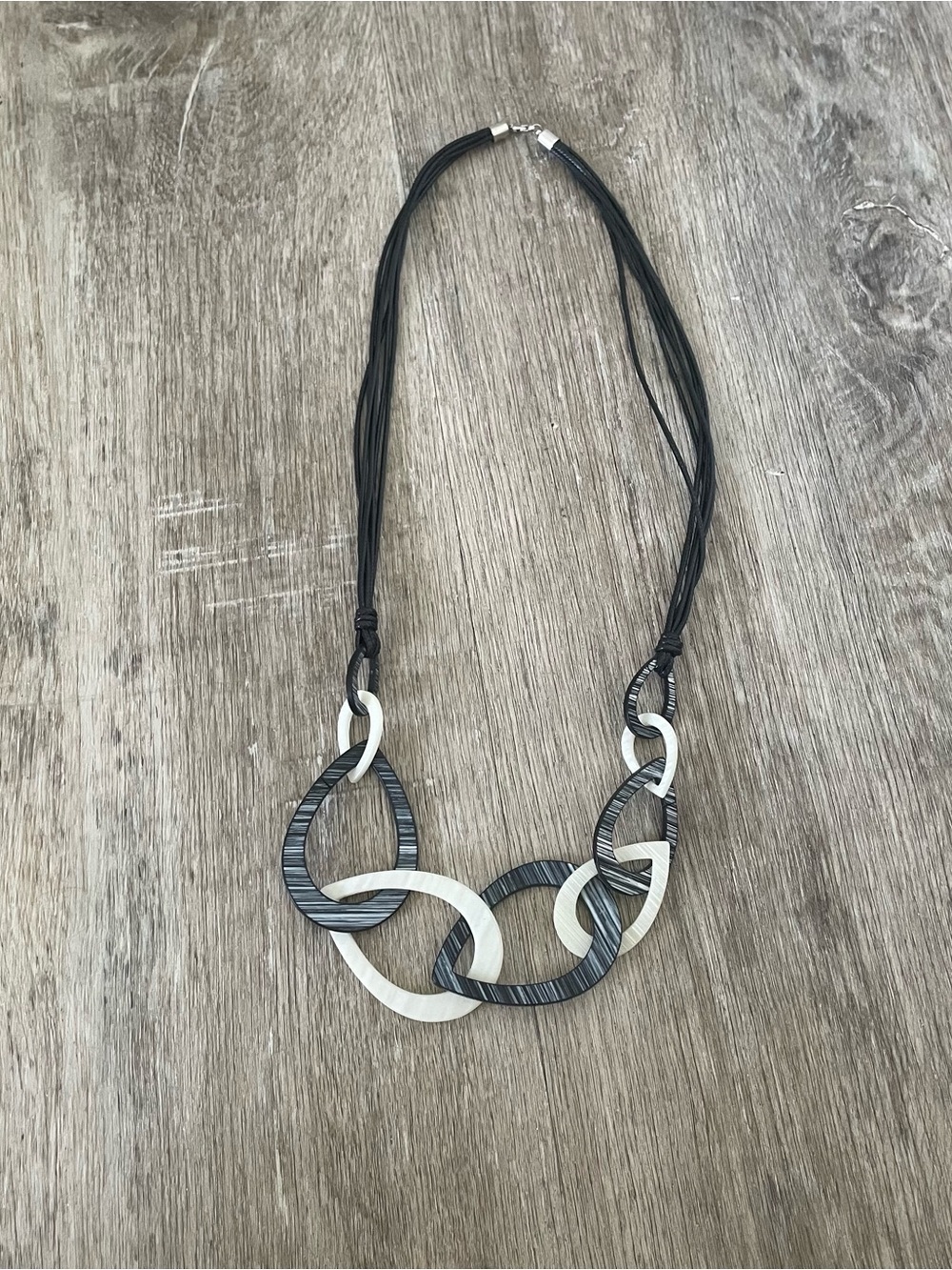 Long Black Cord Statement Necklace – Silver & Black Interlocking Oval Links